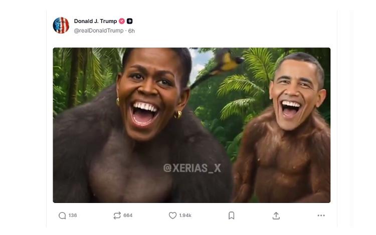 Donald Trump usou sua rede social para publicar vídeo com teoria da conspiração que põe os rostos de Michelle Obama e de Barack Obama em corpos de macacos