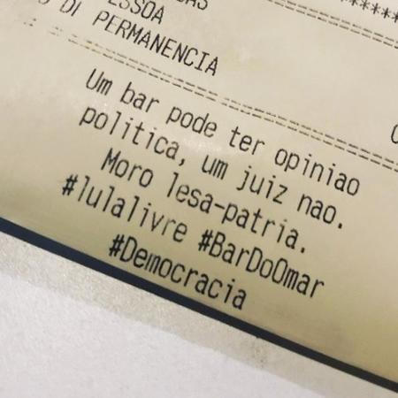 Cupom fiscal de bar no Rio com recado contra o ministro Sergio Moro e favorável ao ex-presidente Luiz Inácio Lula da Silva - Reprodução/Instagram