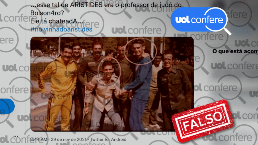 29.nov.2021 - Posts mentem ao dizer que ex-deputado federal Alberto Fraga, que aparece segurando a mão de Bolsonaro em foto antiga, seria "Aristides" - Arte/UOL sobre Reprodução/Twitter