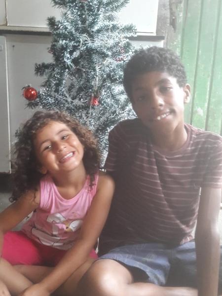 Laura e o irmão Luiz Henrique, com uma das árvores de Natal. Pedido comoveu internautas de Praia Grande (SP) - Arquivo pessoal