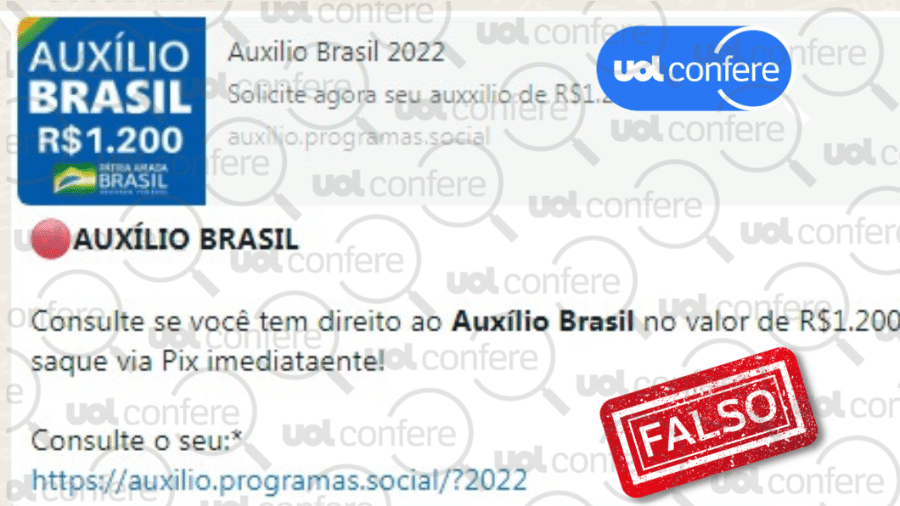 17.ou.2022 - Mensagem que promete Auxílio Brasil de R$ 1.200 é falsa - Arte/UOL sobre Reprodução