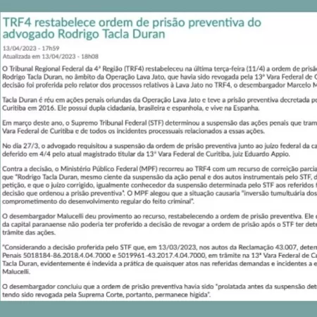 Texto do TRF-4 que anunciava prisão de Tacla Duran - Reprodução - Reprodução