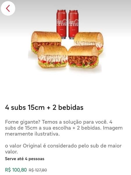 Print de promoção da Subway no iFood: de R$ 127,80 por R$ 100,80