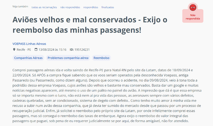 Passageiro que vai a Natal também pediu reembolso; ele comprou voo operado pela Voepass através da Latam