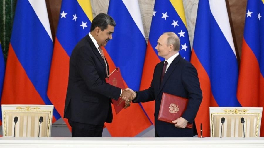 7.mai.2025 - O presidente da Venezuela, Nicolás Maduro, e o presidente da Rússia, Vladimir Putin, se encontraram em Moscou 7.mai.2025 - O presidente da Venezuela, Nicolás Maduro, e o presidente da Rússia, Vladimir Putin, se encontraram em Moscou