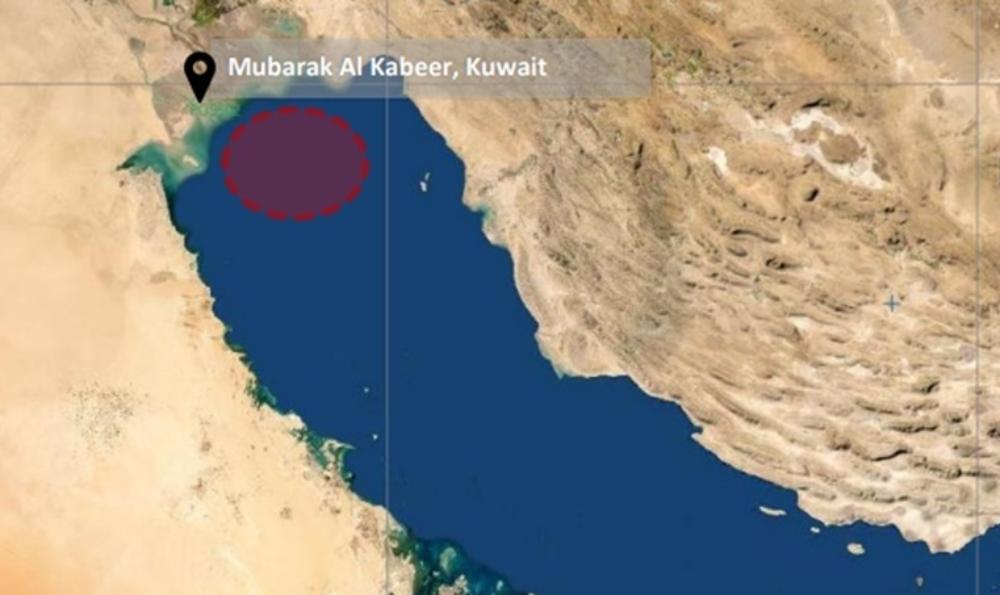 Mapa da UKMTO mostra local onde explosão foi registrada perto de navio-tanque na costa do Kuwait - undefined