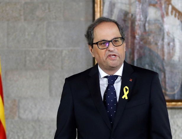 17.mai.2018 - O presidente recém-empossado, Quim Torra, discursa em Barcelona - Alberto Estévez/AFP