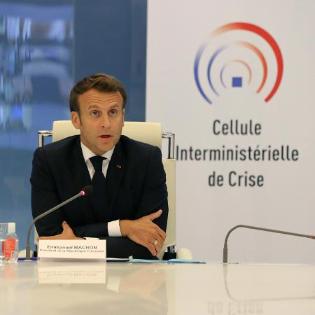 13.mai.2020 - O presidente francês Emmanuel Macron em videoconferência - Ludovic Marin/Pool/Reuters