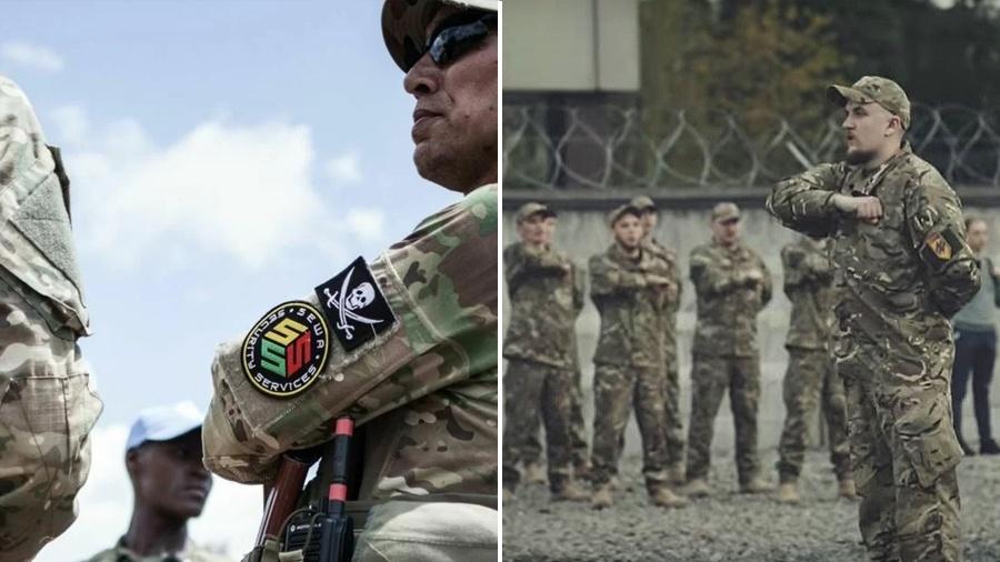 Com ideais neonazistas, os mercenários russos do Grupo Wagner (esq) e os ucranianos do Batalhão Azov (dir) se enfrentam no campo de batalha - Reprodução da internet/Arte UOL