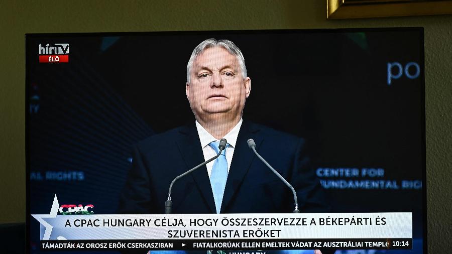 Primeiro-ministro da Hungria, Viktor Orban, discursa durante sessão da Conferência de Ação Política Conservadora (CPAC) em Budapeste