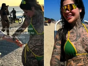 Modelo supertatuada impressiona turistas em praia no Rio: veja o vídeo