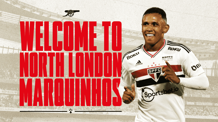 Marquinhos, de 19 anos, acumulou 42 partidas e quatro gols pelo São Paulo - Divulgação/Arsenal - Divulgação/Arsenal