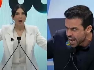 Amanda Klein grita para impedir briga de Marçal e Nunes em debate: 'Ordem!'