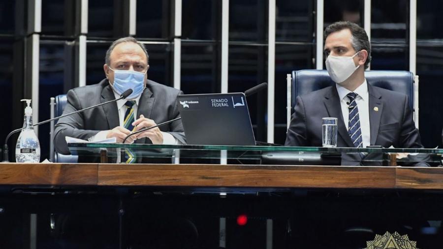 O presidente do Senado, Rodrigo Pacheco (DEM) na sessão de debates temáticos de ontem com o ministro  da Saúde, Eduardo Pazuello - Waldemir Barreto/Agência Senado