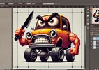Facas, carros e Photoshop: desmistificando analogias equivocadas sobre o mau uso de IAs - Ilustração de um carro segurando uma faca, dentro de uma interface do Photoshop
