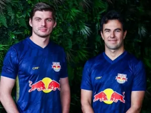 Max Verstappen e Checo Perez vestem novo uniforme do RB Bragantino