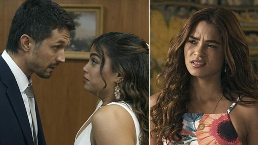 Brisa (Lucy Alves), Bia (Clara Buarque) e Oto (Rômulo Estrela) em Travessia - Reprodução/Globo