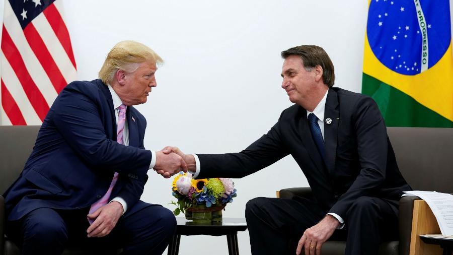 30.jul.2019: encontro de Donald Trump e Jair Bolsonaro durante reunião em Osaka, no Japão - Kevin Lamarque/Reuters