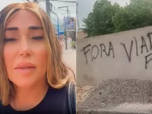 Mulher Abacaxi mostra muro de casa pichado com palavras transfóbicas: "Fora viado"