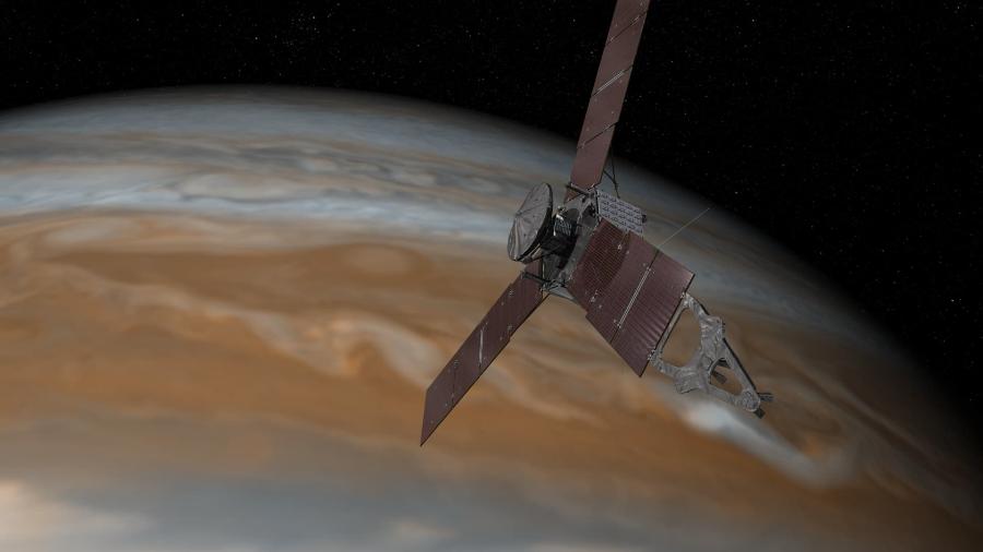 Representação artística mostra a sonda Juno fazendo uma de suas passagens próximas sobre Júpiter - NASA/JPL-Caltech