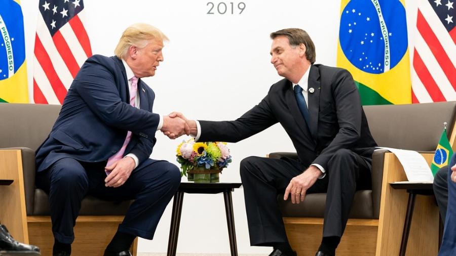 Donald Trump e Jair Bolsonaro durante encontro do G20 em Osaka, Japão, em junho de 2019. Foto: Shealah Craighead/White House Photo via Flickr - Donald Trump e Jair Bolsonaro durante encontro do G20 em Osaka, Japão, em junho de 2019. Foto: Shealah Craighead/White House Photo via Flickr