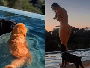 Carol Nakamura inaugura piscina nadando com cachorros: "Demorou 4 anos"