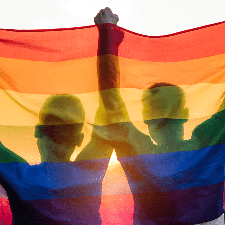 Casal gay de mãos dadas seguram a bandeira LGBTQIAPN+