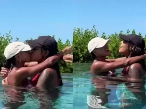 Ludmilla e Brunna Gonçalves trocam beijos apaixonados na piscina