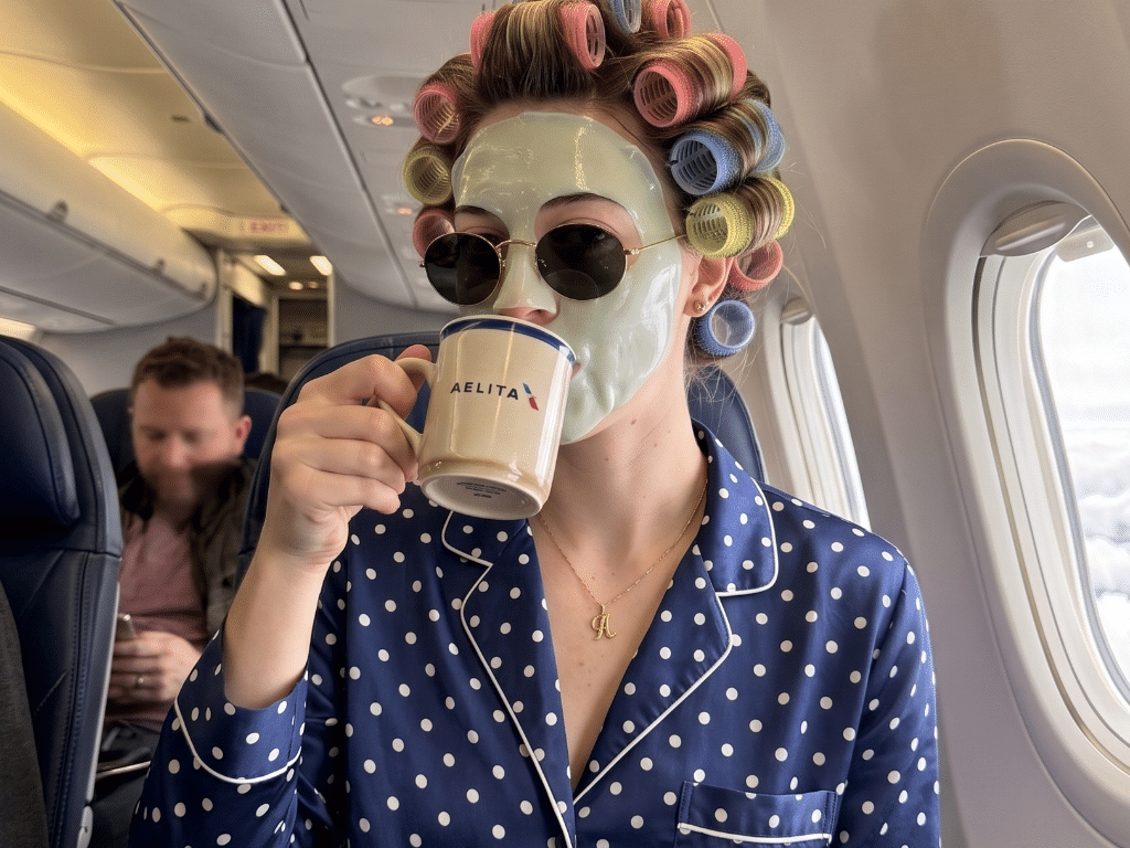 Uma mulher em um avião, usando uma máscara facial, bobs e óculos escuros enquanto toma café - undefined