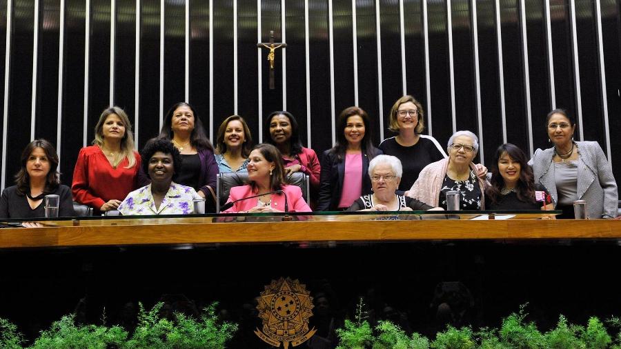 Parte da bancada feminina da Câmara atualmente: no total, número de eleitas subiu de 77 para 91 mulheres - Bancada feminina na Câmara. Foto: Agência Câmara