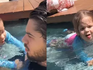 Zé Felipe se joga na piscina para salvar Maria Flor de afogamento