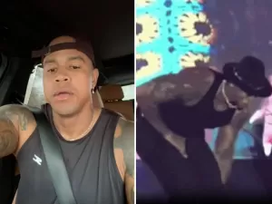 VÍDEO: Léo Santana fica de ‘perna bamba’ após ser atingido por celular em parte íntima durante show