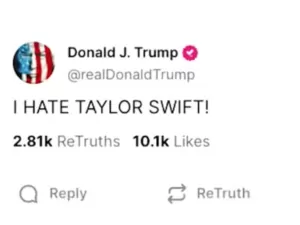 "Eu odeio Taylor Swift", pública Trump após cantora manifestar apoio a Kamala