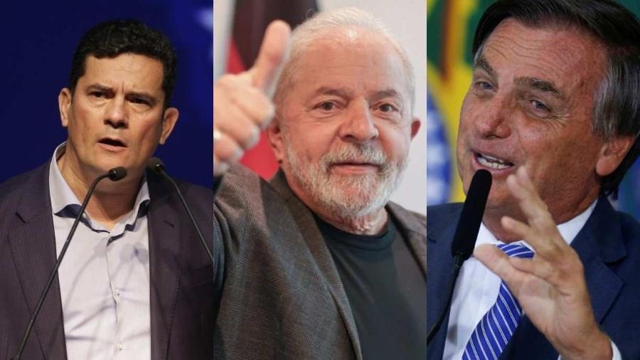  Montagem mostra o ex-juiz Sergio Moro (à esq.), Lula (centro) e Bolsonaro (à dir.); eles são pré-candidatos nas eleições do ano que vem - Reprodução                            