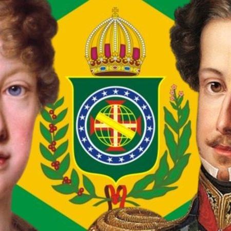 Imagem mostra a bandeira do Brasil e os imperadores Dom Pedro I e Leopoldina