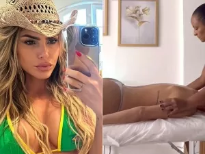 Ex-"A Fazenda" Erika Schneider aparece seminua durante massagem: "Travei o pescoço"