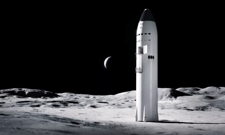 Ilustração da Starship na Lua, com a Terra ao fundo