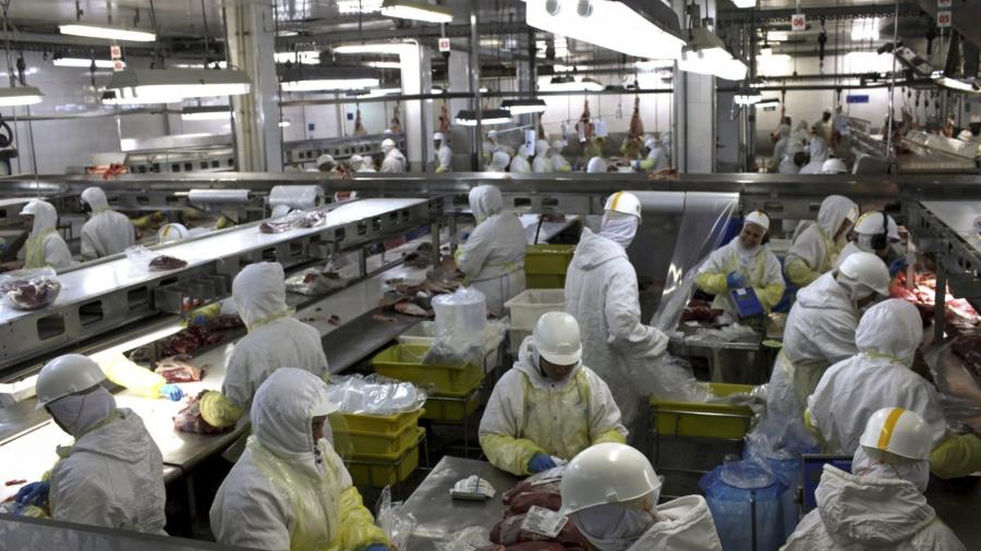 Imagem ilustrativa mostra trabalhadores de instalação de processamento de carne do frigorífico Minerva - Dado Galdieri/Bloomberg