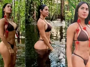 Ex-BBB Isabelle Nogueira posa de biquíni no rio Amazonas e recebe elogios