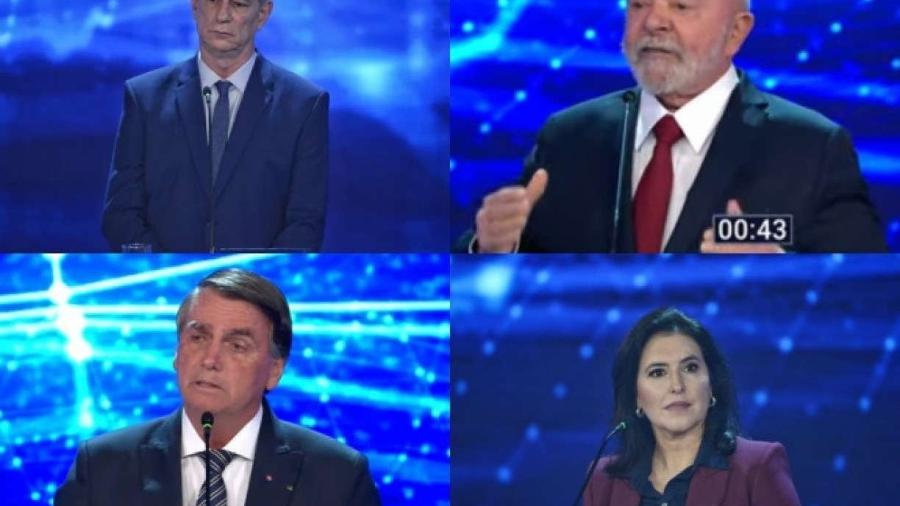Candidatos à presidência da República no debate da Band; Ciro Gomes, Lula, Bolsonaro e Simone Tebet                              - Reprodução/Band/Renato Pizzutto                            