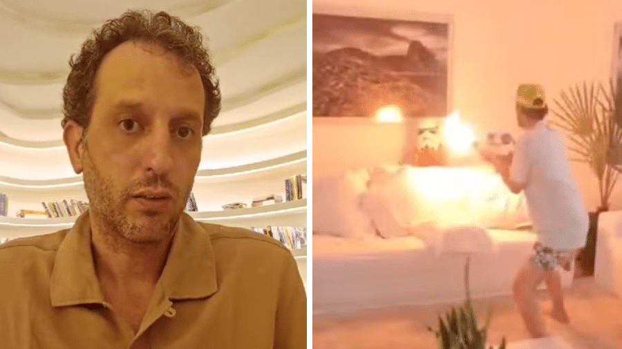 João Ricardo Mendes é o empresário brincando com filho de Piovani com um lança-chamas João Ricardo Mendes é o empresário brincando com filho de Piovani com um lança-chamas