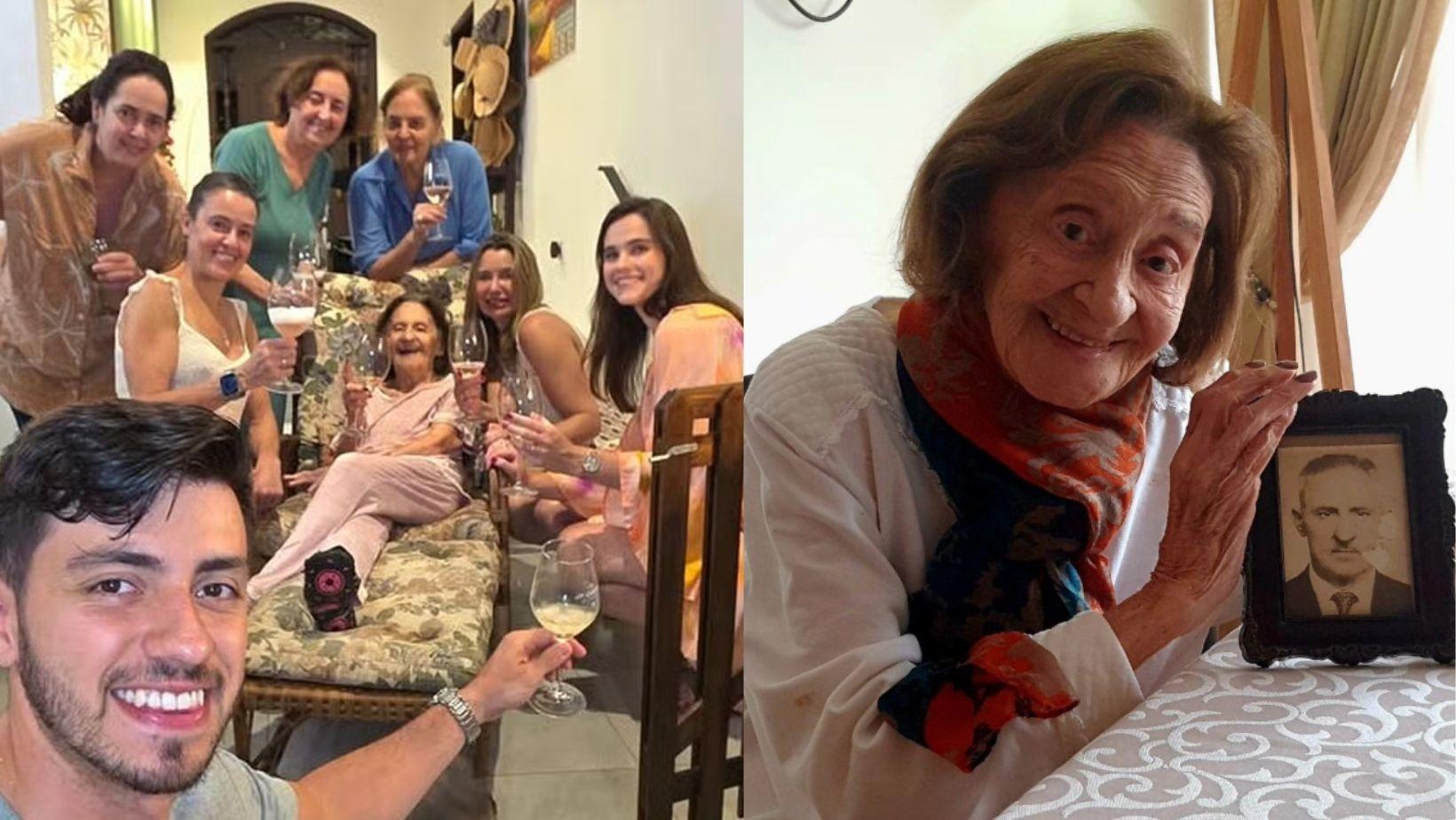 Laura Cardoso com filhas, netas e bisneto; ao lado, ela com o retrato de seu pai - undefined