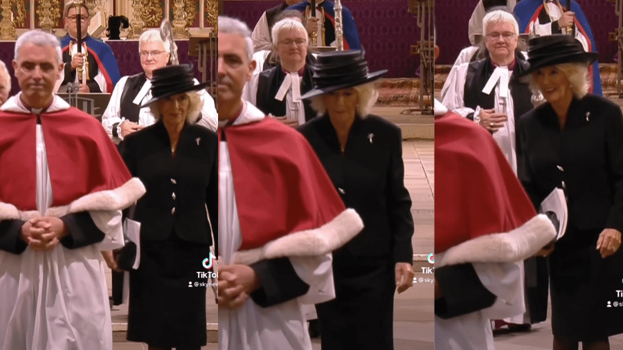 Camilla, a rainha consorte, prendeu o sapato no chão e precisou de um momento - Reprodução/Instagram/SkyNews