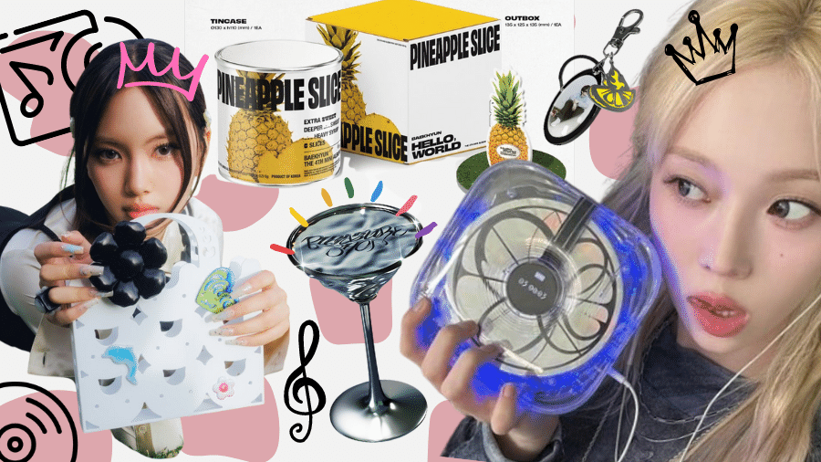 Hyein com a bolsa do NewJeans, Winter com o toca disco do aespa; a criatividade dos discos de k-pop - Arte UOL/Camila Monteiro