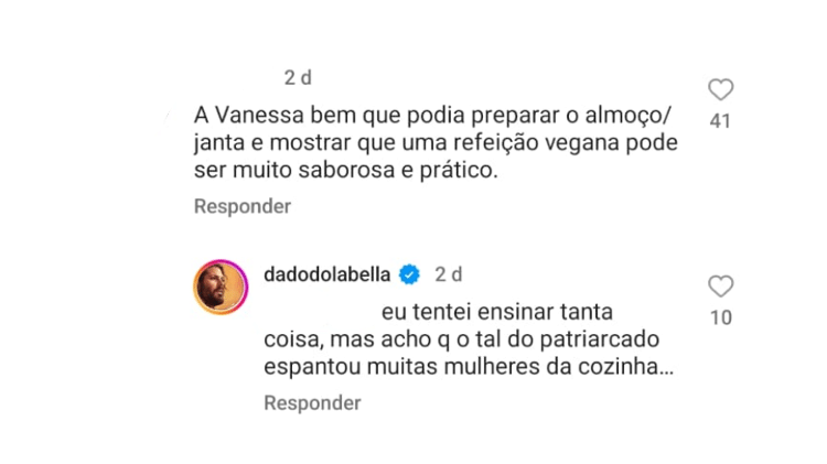 Dado Dolabella diz que Wanessa não prepara refeições porque "o patriarcado" espantou mulheres da cozinha