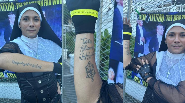 Madoninho tem tatuagens parecidas e inspiradas em Madonna e as exibe com orgulho a espera do show no Rio