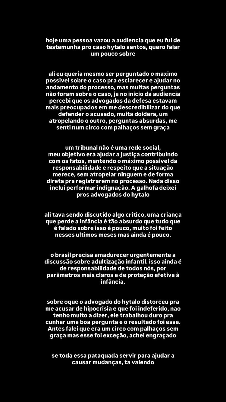 Felca falou sobre o vídeo que vazou de seu depoimento em audiência sobre Hytalo Santos