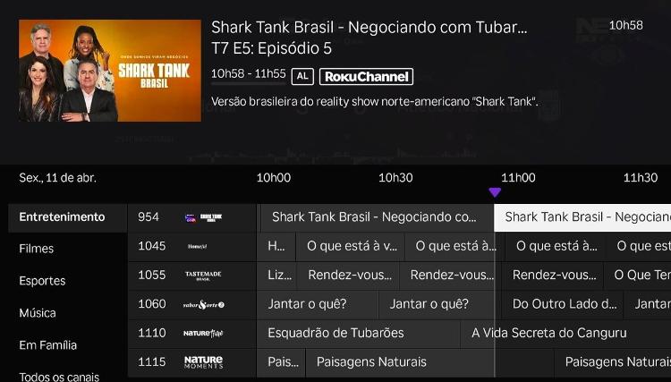 A TV ao Vivo da Roku, assim como em outros serviços Fast, segue uma lógica parecida com a da antiga TV por assinatura A TV ao Vivo da Roku, assim como em outros serviços Fast, segue uma lógica parecida com a da antiga TV por assinatura