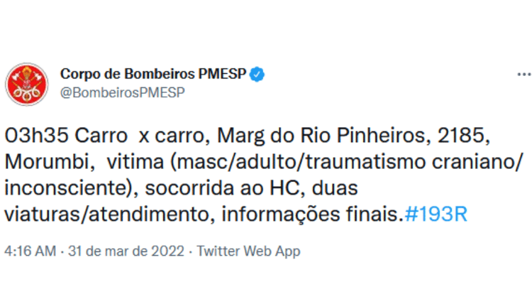 Tweet do Corpo de Bombeiros - Reprodução/Twitter - Reprodução/Twitter