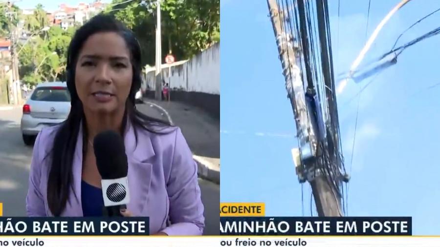 A repórter foi atingida por faíscas ao cobrir batida de caminhão em um poste; cinegrafista gravou fumaça saindo da fiação - Reprodução/ TV Bahia/ Globoplay